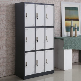 A sleek 9 Locker Storage Office Cabinet in a modern office setting, showcasing individual lockers with secure locks and a stylish finish.