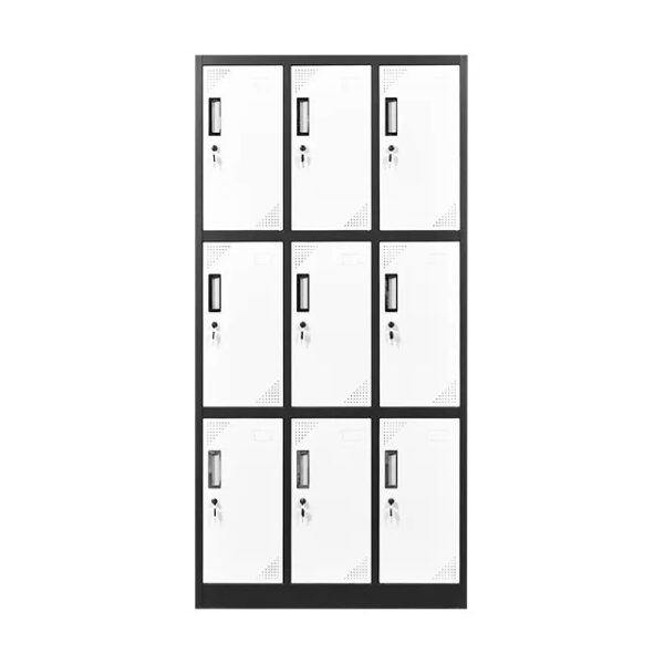 A sleek 9 Locker Storage Office Cabinet in a modern office setting, showcasing individual lockers with secure locks and a stylish finish.