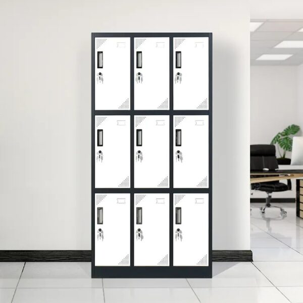 A sleek 9 Locker Storage Office Cabinet in a modern office setting, showcasing individual lockers with secure locks and a stylish finish.