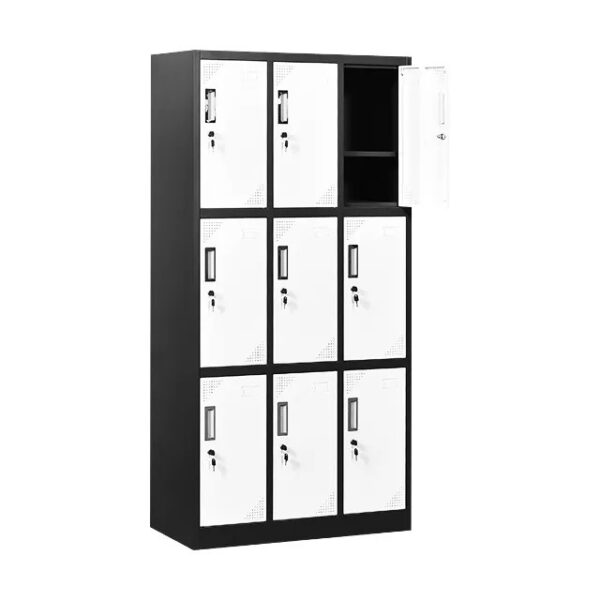 A sleek 9 Locker Storage Office Cabinet in a modern office setting, showcasing individual lockers with secure locks and a stylish finish.