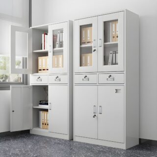 2-door storage cabinet with drawers in a modern living room setting.