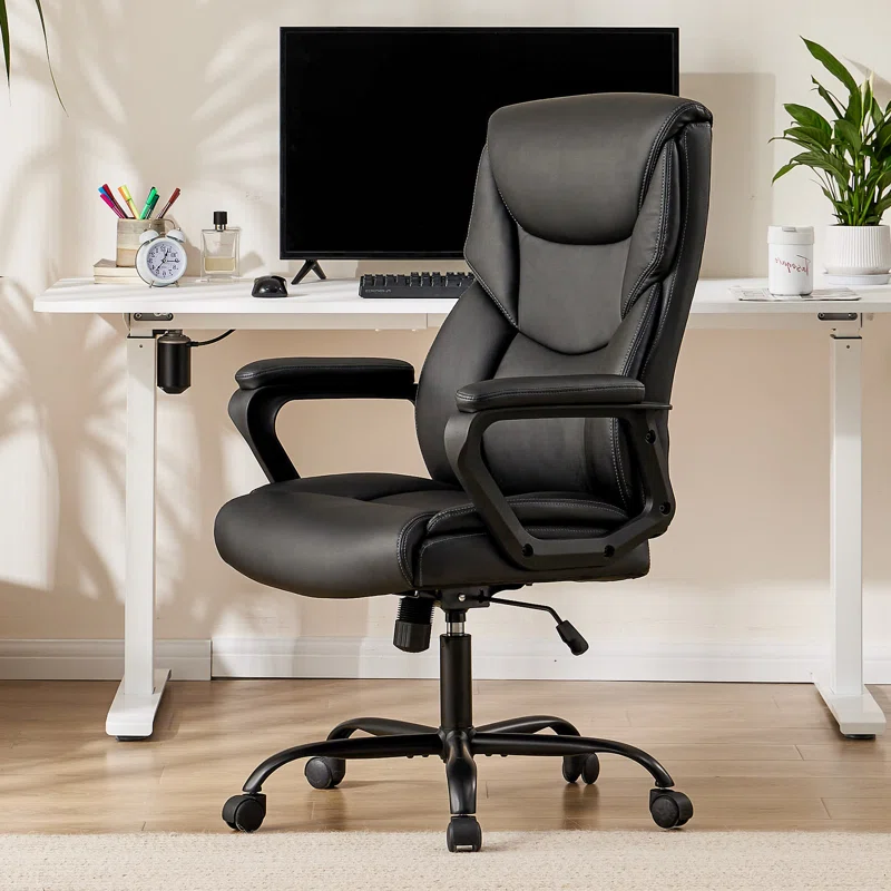  Executive office chair with a high back, adjustable armrests, and lumbar support. The chair is upholstered in a dark leather material and features a swivel base.