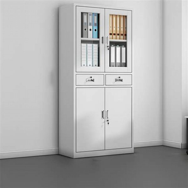 2-door storage cabinet with drawers in a modern living room setting.