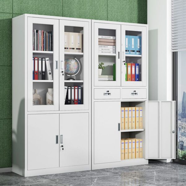 2-door storage cabinet with drawers in a modern living room setting.