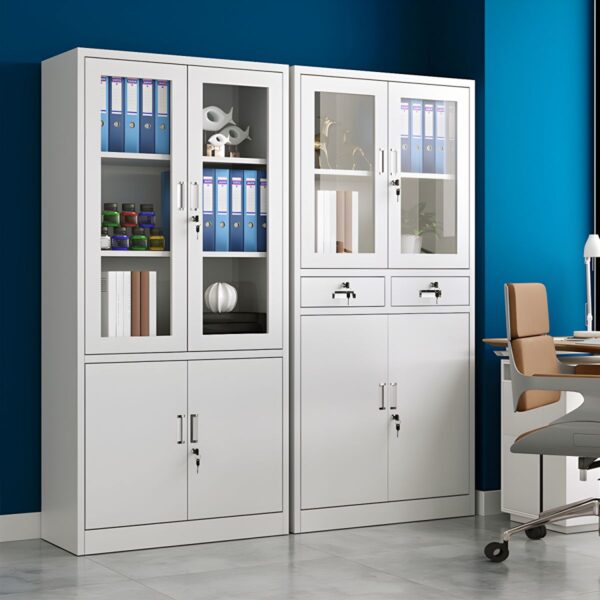 2-door storage cabinet with drawers in a modern living room setting.