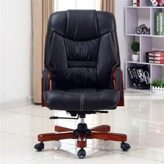 A luxurious executive office chair with plush leather upholstery, adjustable height, and armrests, set against a sleek office backdrop.