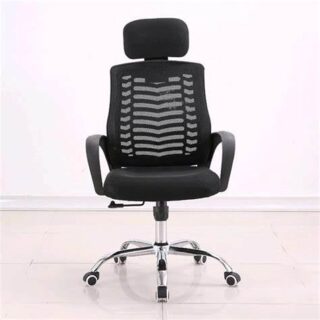 An ergonomic office chair with a headrest, adjustable features, and a sleek design, placed in a modern office setting.