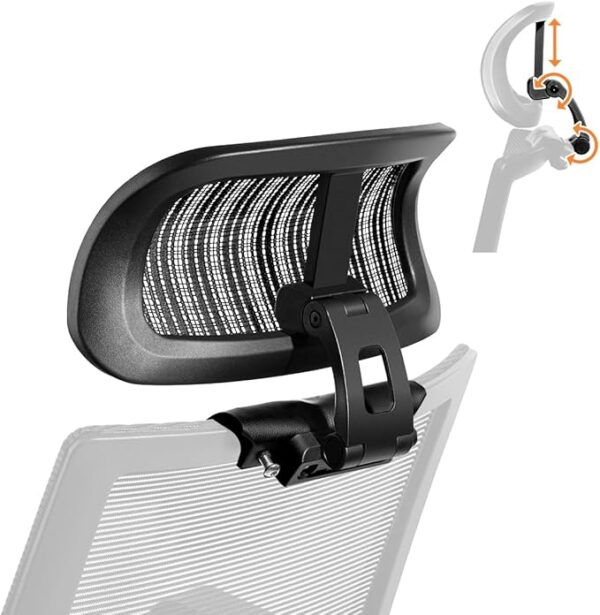 An ergonomic office chair with a headrest, adjustable features, and a sleek design, placed in a modern office setting.