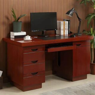 The 1400mm Affordable Executive Office Desk boasts a spacious, smooth surface perfect for spreading out documents or using multiple monitors, with ample room for both high-tech gadgets and traditional office essentials.