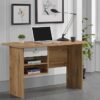 Wooden computer desk with storage featuring spacious tabletop and stylish drawers.