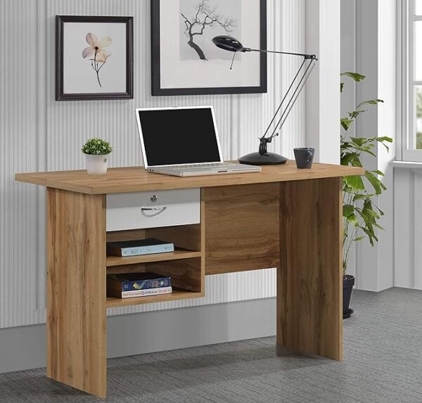 Wooden computer desk with storage featuring spacious tabletop and stylish drawers.