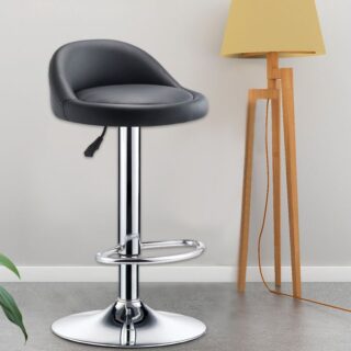 Adjustable swivel barstool with leather upholstery, chrome base, and footrest.