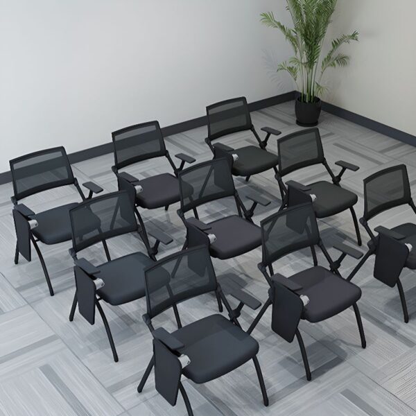 Black Conference Chair with mesh backrest and padded faux leather seat.