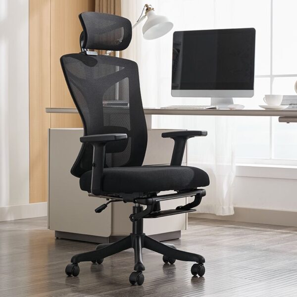 Black ergonomic mesh office chair with adjustable lumbar support and sleek design.