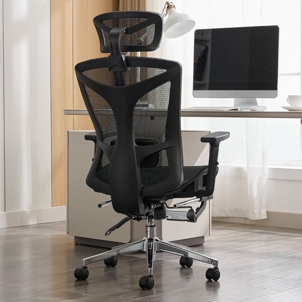 Black ergonomic mesh office chair with adjustable lumbar support and sleek design.