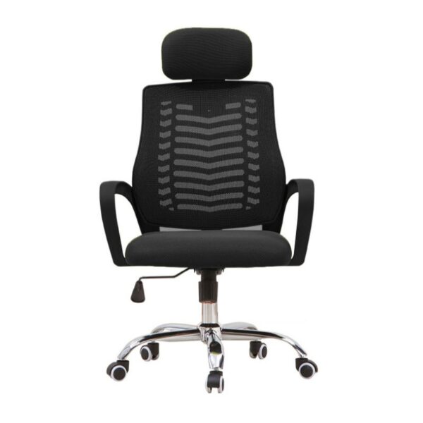 Black orthopedic headrest office chair with adjustable features and ergonomic design.