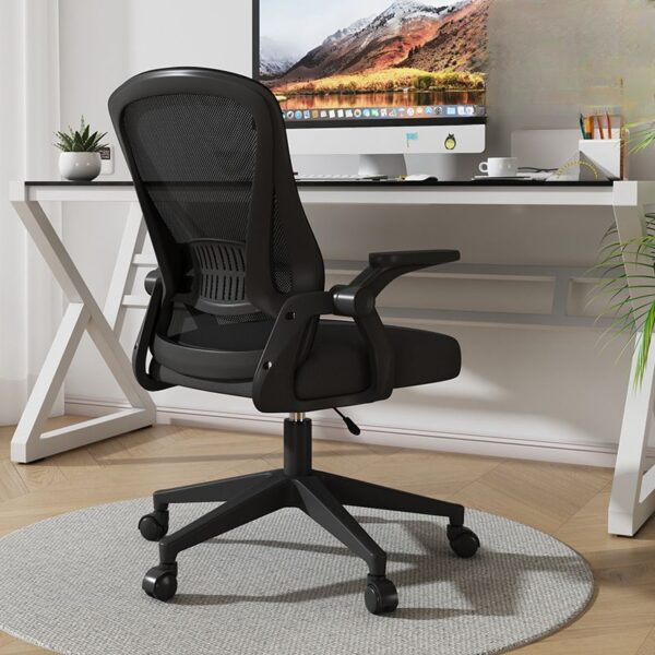 Ergonomic office chair with adjustable lumbar support, mesh backrest, and padded seat cushion."