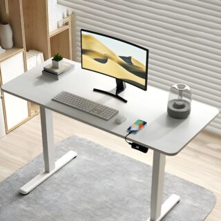 Height-adjustable computer desk with ergonomic design, ideal for sitting or standing positions.