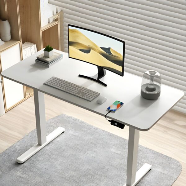 Height-adjustable computer desk with ergonomic design, ideal for sitting or standing positions.