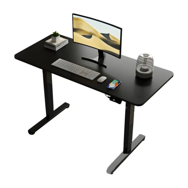 Height-adjustable computer desk with ergonomic design, ideal for sitting or standing positions.