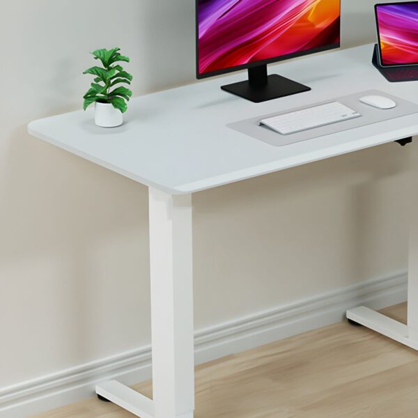 Height-adjustable computer desk with ergonomic design, ideal for sitting or standing positions.