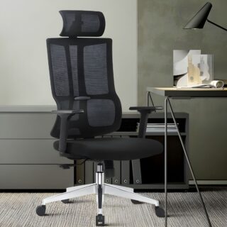 Black Orthopedic Executive Office Chair featuring a contoured backrest and ergonomic design in a modern office setting.