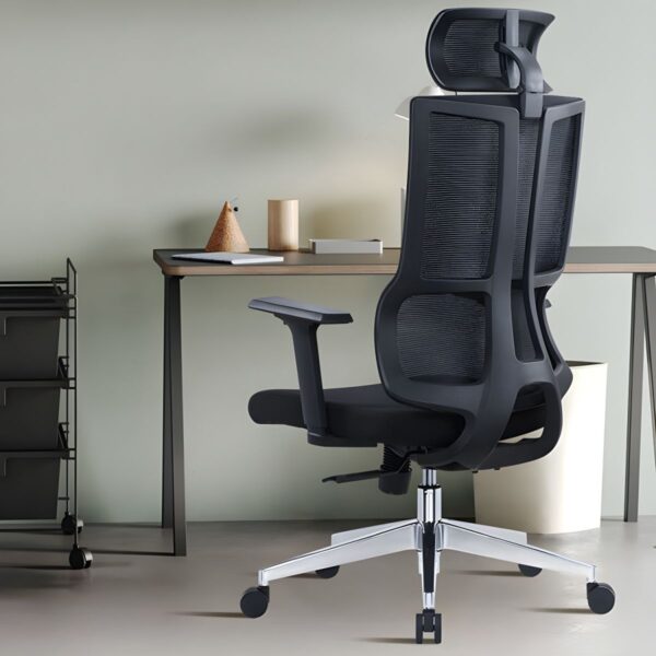 Black Orthopedic Executive Office Chair featuring a contoured backrest and ergonomic design in a modern office setting.