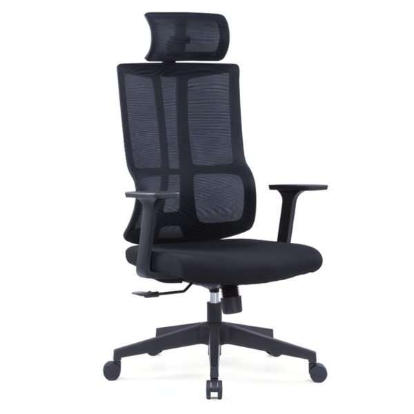 Black Orthopedic Executive Office Chair featuring a contoured backrest and ergonomic design in a modern office setting.