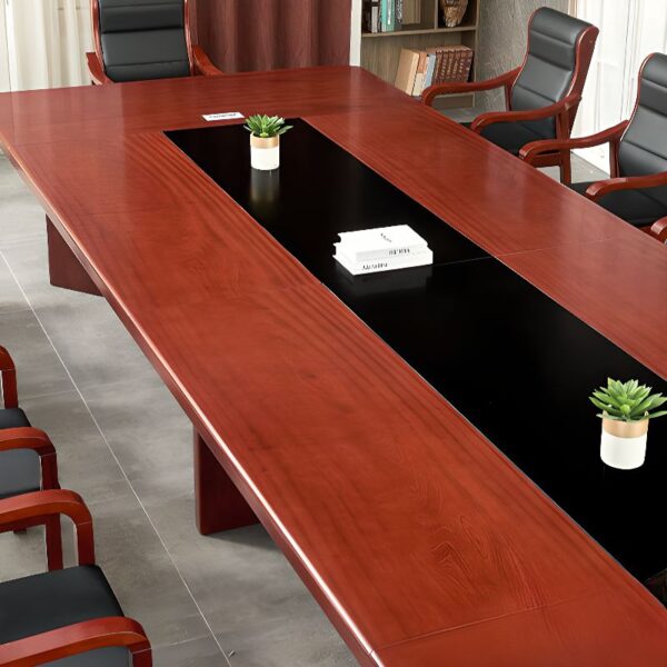 "Elegant wooden conference table with a smooth finish and ample seating space."