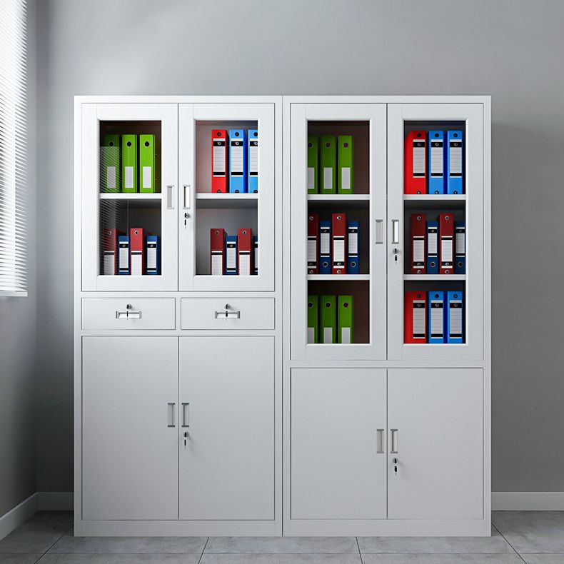 2-Door Half Glass Cabinet with wooden frame and adjustable shelves, showcasing decorative items.