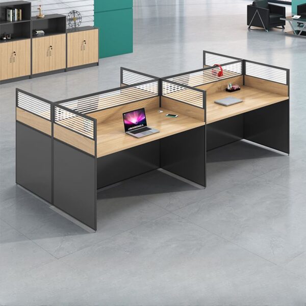 "Two-way modular workstation with privacy panels and spacious desks, designed for ergonomic comfort and office flexibility."