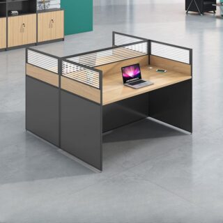 "Two-way modular workstation with privacy panels and spacious desks, designed for ergonomic comfort and office flexibility."