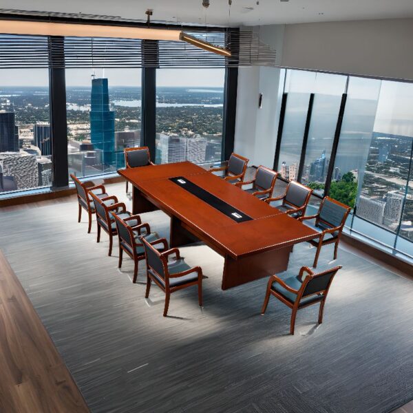 3 Meters Standard Mahogany Boardroom Table in a modern conference room setting, showcasing its rich finish and spacious design.