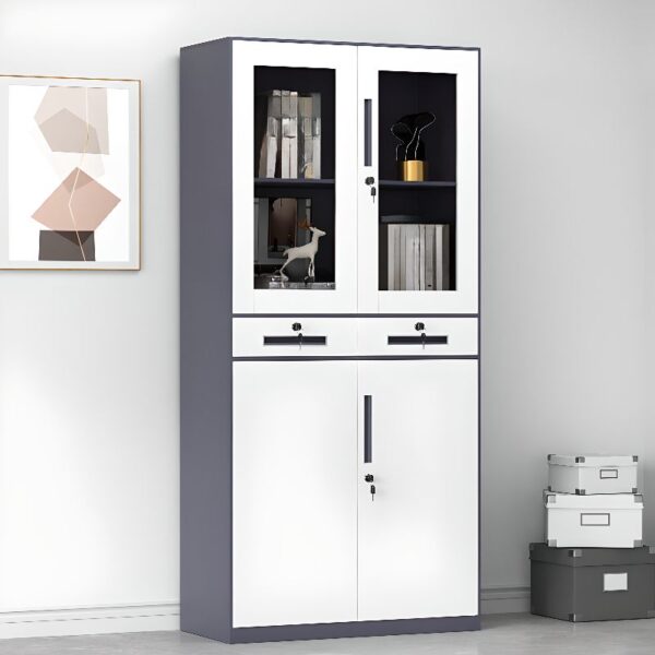 2-Door Half Glass Filing Office Cabinet in a contemporary office setting, showcasing its sleek design and visibility.