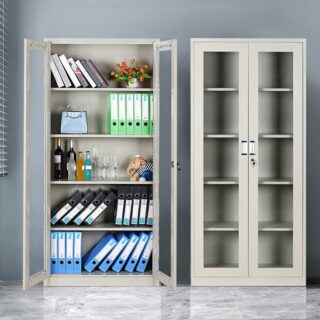 "2-Door Steel Full Glass Display Cabinet with adjustable shelves, showcasing collectibles in a stylish setting."