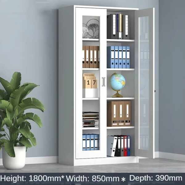 "2-Door Steel Full Glass Display Cabinet with adjustable shelves, showcasing collectibles in a stylish setting."