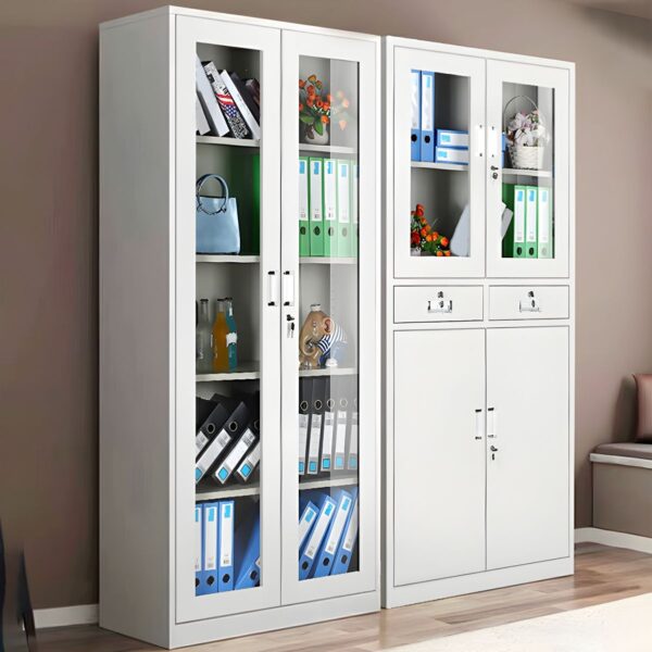 "2-Door Steel Full Glass Display Cabinet with adjustable shelves, showcasing collectibles in a stylish setting."