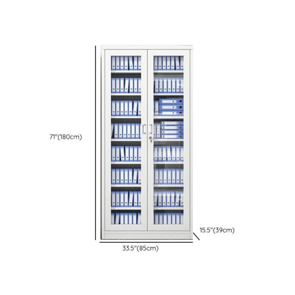 "2-Door Steel Full Glass Display Cabinet with adjustable shelves, showcasing collectibles in a stylish setting."