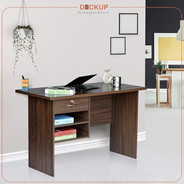 Wooden computer desk with storage featuring spacious tabletop and stylish drawers.