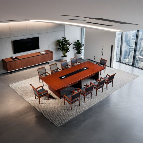 3 Meters Standard Mahogany Boardroom Table in a modern conference room setting, showcasing its rich finish and spacious design.