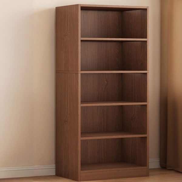 Modern 5-Tier Wooden Bookshelf showcasing books and decorative items in a contemporary living room.