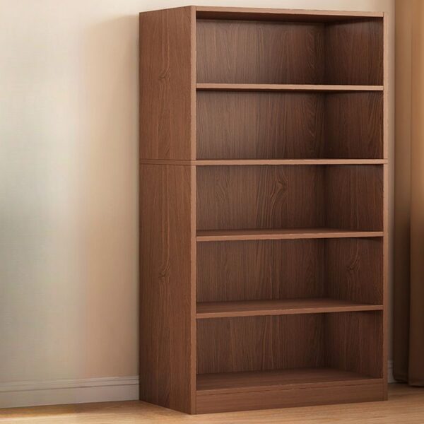 Modern 5-Tier Wooden Bookshelf showcasing books and decorative items in a contemporary living room.