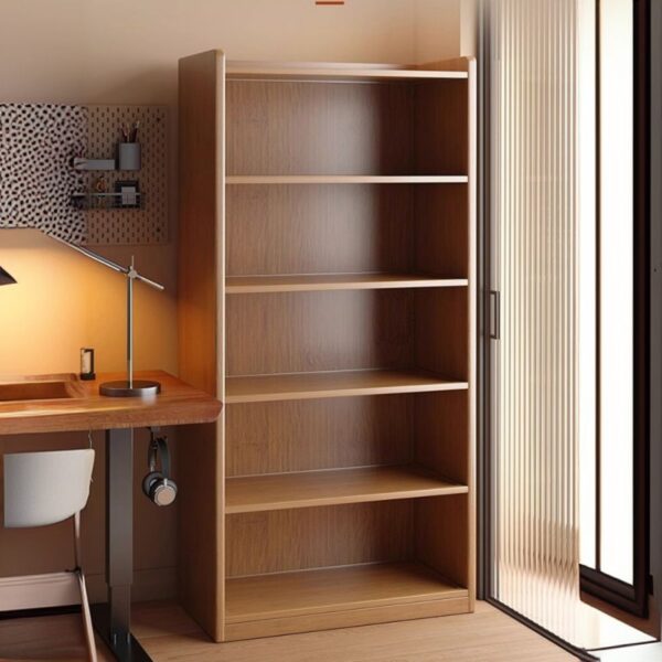 Modern 5-Tier Wooden Bookshelf showcasing books and decorative items in a contemporary living room.