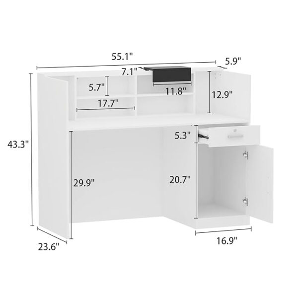 Modern reception counter office desk with ample workspace and integrated storage.