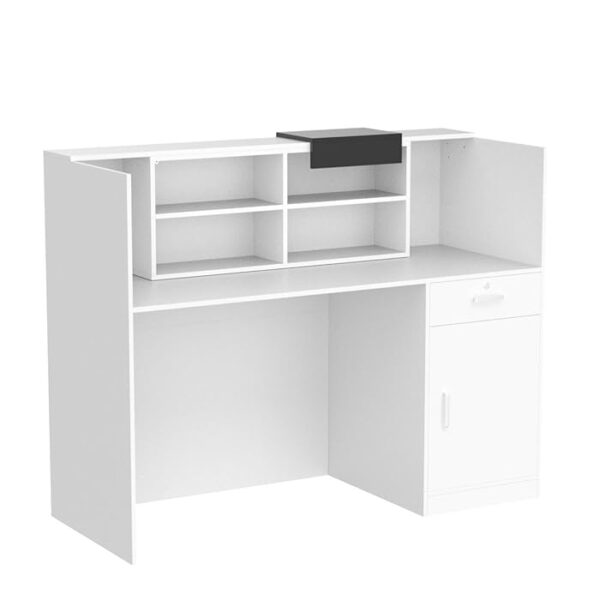 Modern reception counter office desk with ample workspace and integrated storage.