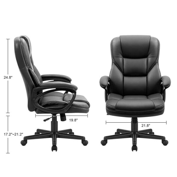 Black Leather Executive Office Seat with polished chrome base, designed for comfort and style in a modern office environment.