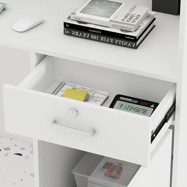 Modern reception counter office desk with ample workspace and integrated storage.