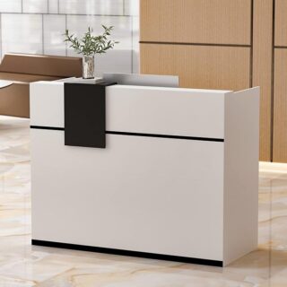 Modern reception counter office desk with ample workspace and integrated storage.