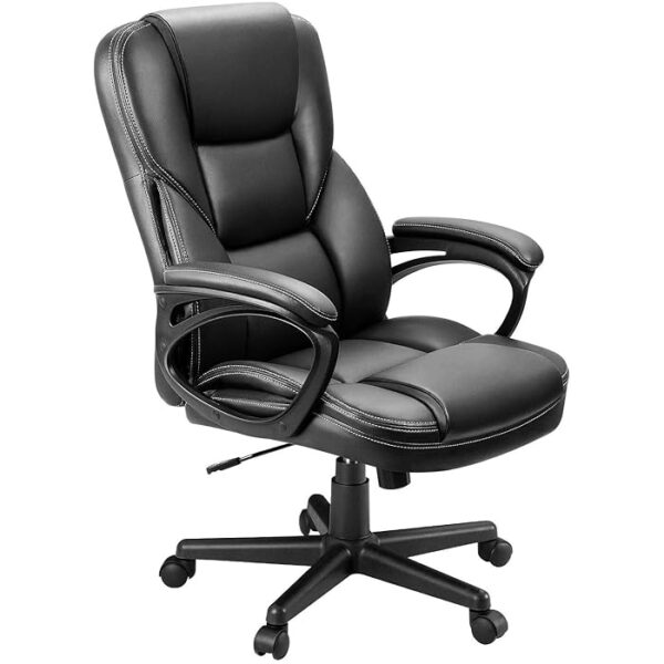 Black Leather Executive Office Seat with polished chrome base, designed for comfort and style in a modern office environment.