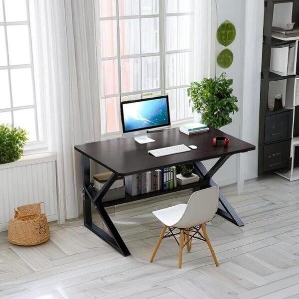 Modern engineered wood computer desk with sleek design and built-in storage.